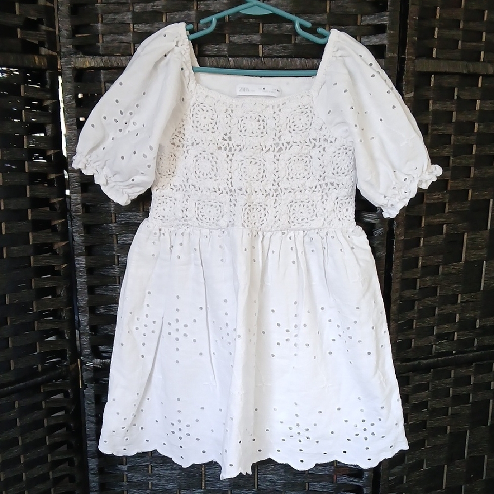 Zara White Eyelet Crochet Girls SZ 6 Dress